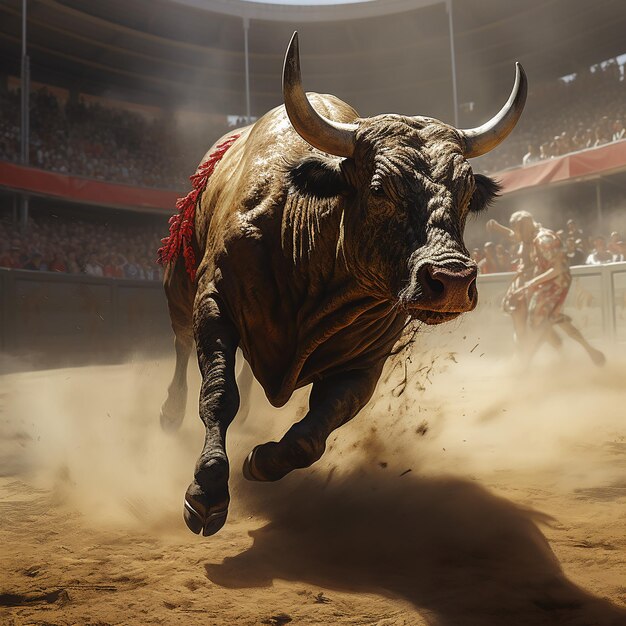 Foto el toro está corriendo por la vida.