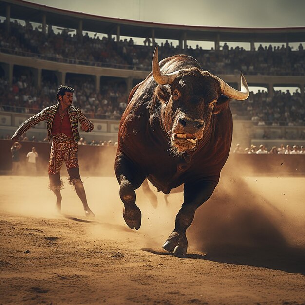 Foto el toro está corriendo por la vida.