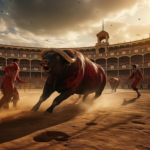 Foto el toro está corriendo por la vida.