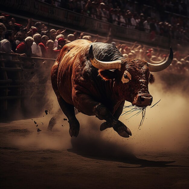 Foto el toro está corriendo por la vida.