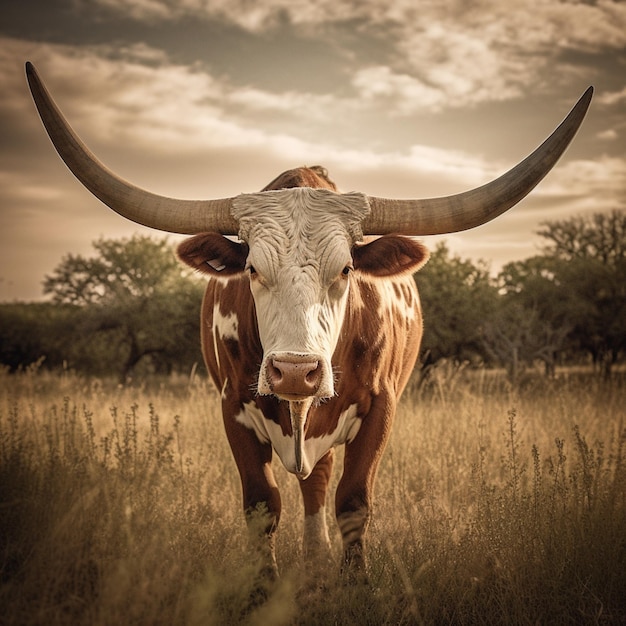 Un toro con un cuerno grande se para en un campo de hierba alta.