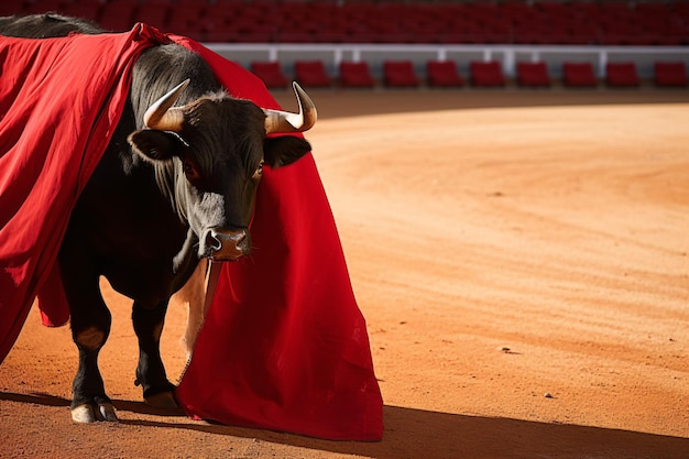 Foto un toro con cuernos y una capa en la cabeza