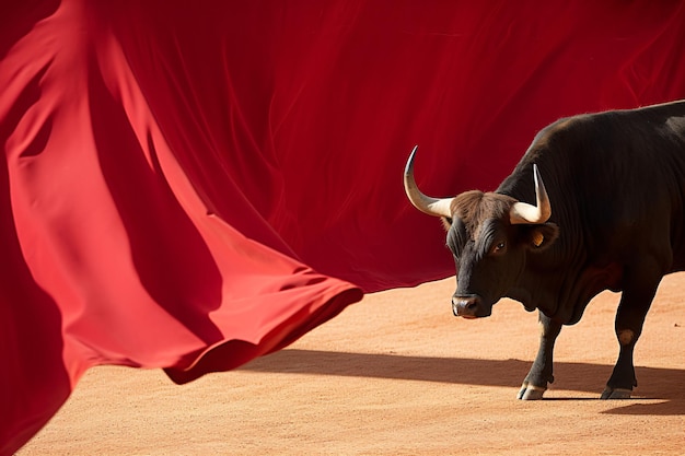 un toro con cuernos corriendo en un paño rojo