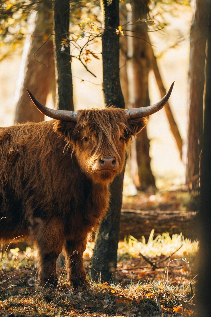 un toro con cuernos largos se encuentra en un bosque con árboles en el fondo