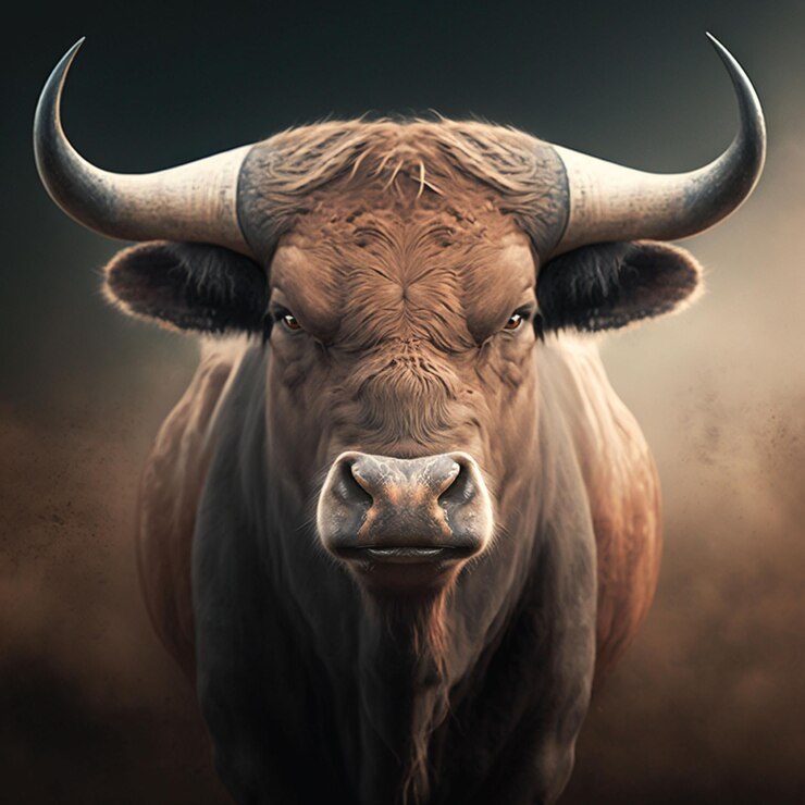 Un toro con cuernos se muestra en un fondo oscuro.