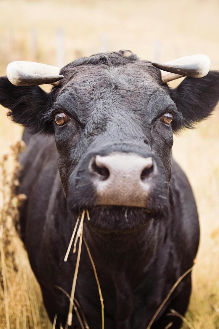 un toro con cuernos que está en un campo