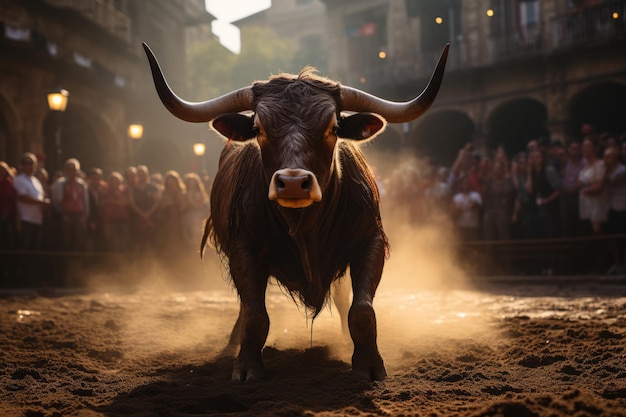 un toro está parado frente a una multitud