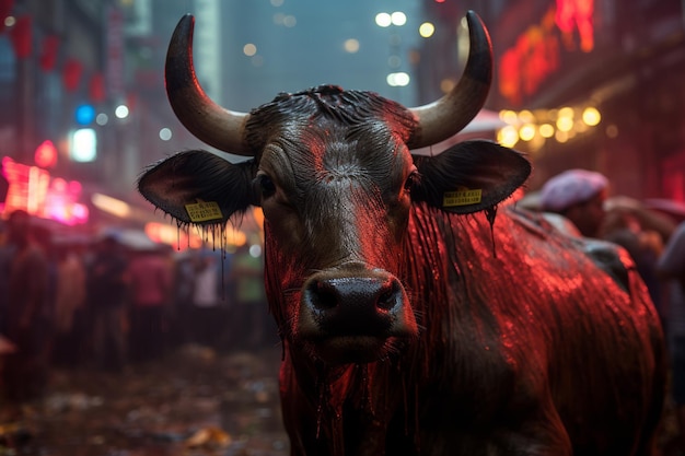 un toro está parado en medio de una calle llena de gente