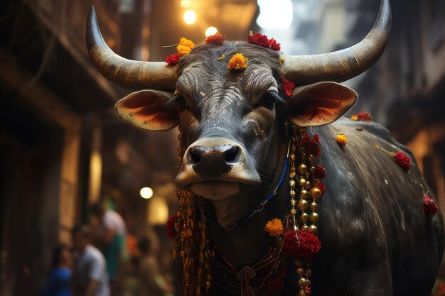 un toro con flores en la cabeza caminando por una calle