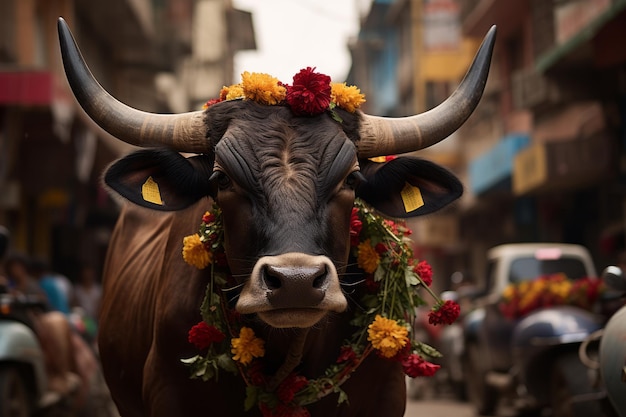 un toro con flores en la cabeza caminando por una calle