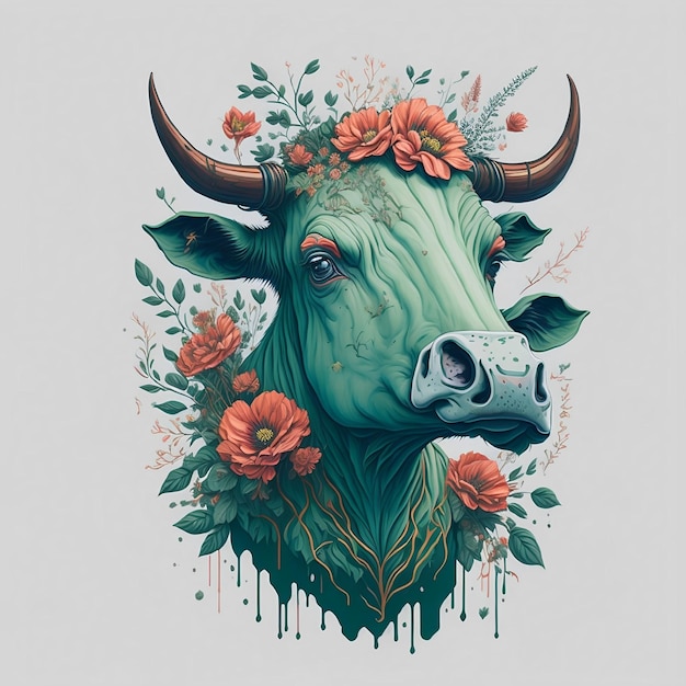 Un toro con flores está pintado sobre un fondo blanco.