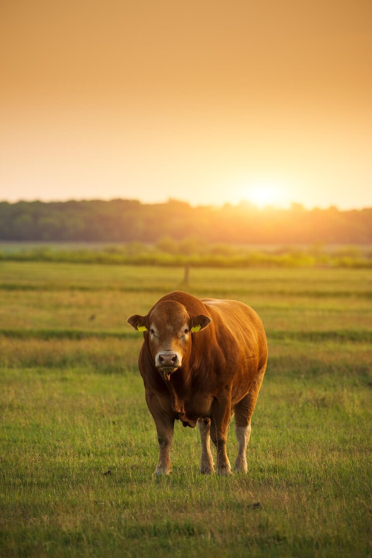 Un toro de ganado en limusina en el pasto