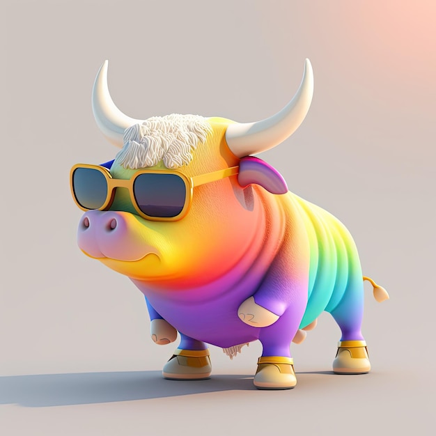 Toro infantil divertido con gafas de sol sobre un fondo de color claro IA generativa