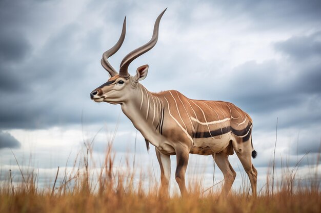 Foto un toro kudu pastando con el cielo nublado por encima