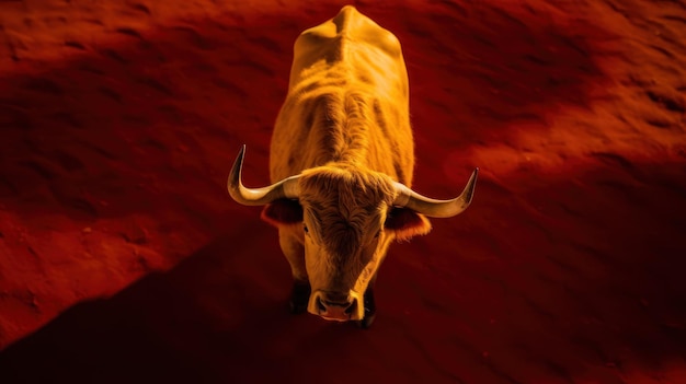 Un toro marrón está parado en un desierto rojo.