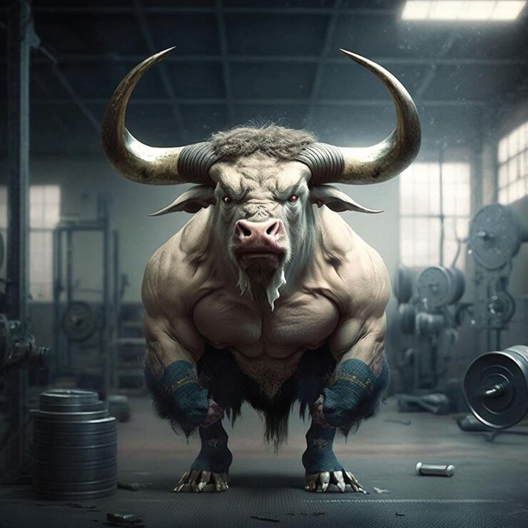 Un toro musculoso con cuernos se para en un gimnasio con pesas.