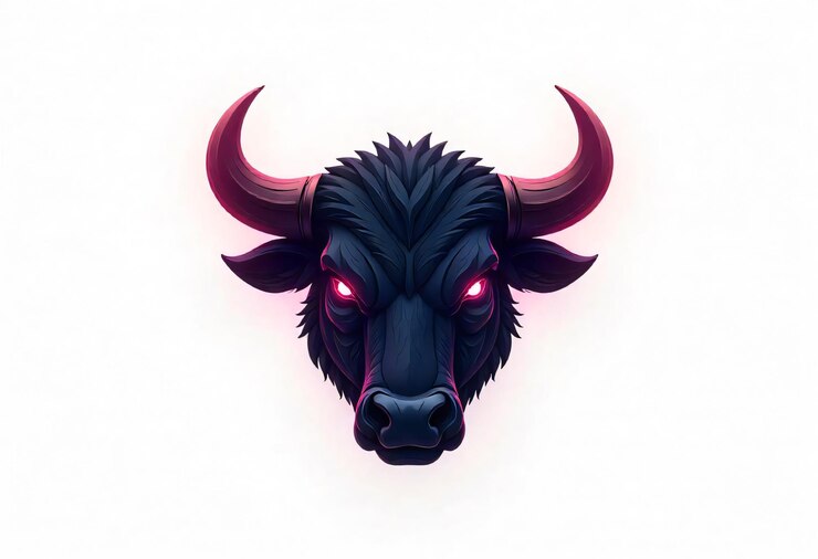 Foto un toro con ojos rojos y ojos brillantes se muestra con una cabeza de toro negra