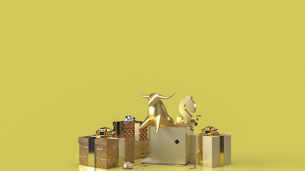 El toro de oro en caja de regalo, render 3d