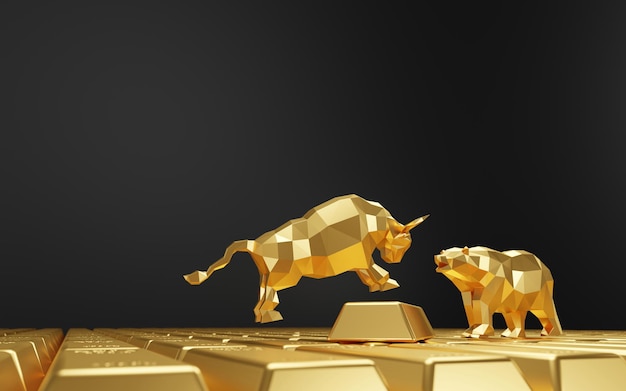 Toro y oso en lingotes de oro con copia espacio 3D Render