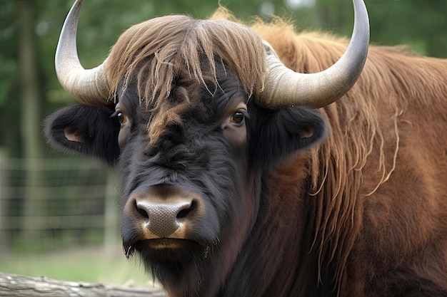 Un toro de pelo largo y nariz marrón.