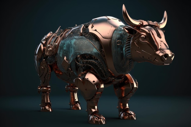 Un toro robot hecho de metal y cobre.