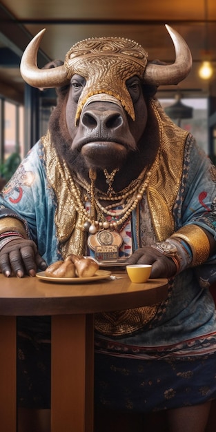 Un toro se sienta en una mesa con un plato de comida y un plato de comida.