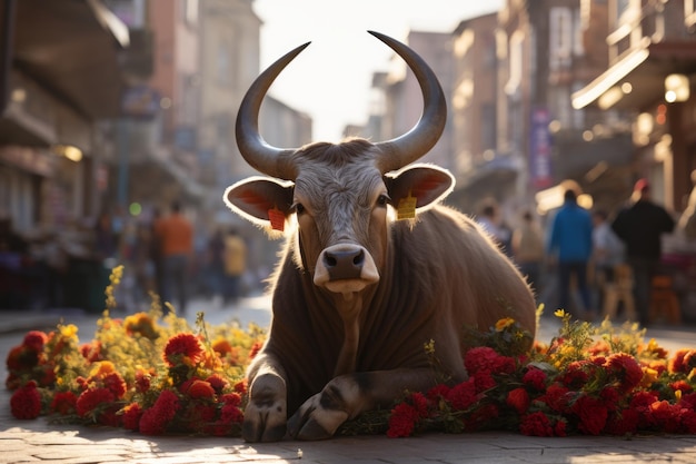 Foto un toro tirado en el suelo rodeado de flores