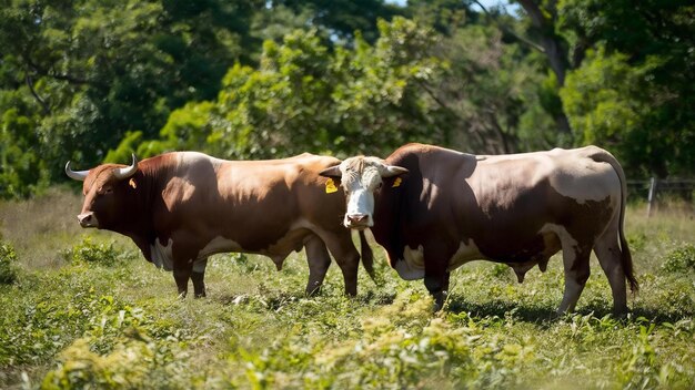 Toros en un campo rodeado de vegetación bajo la luz del sol