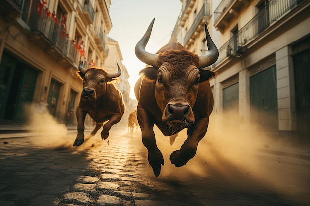 Foto los toros corren por la calle durante una fiesta en españa