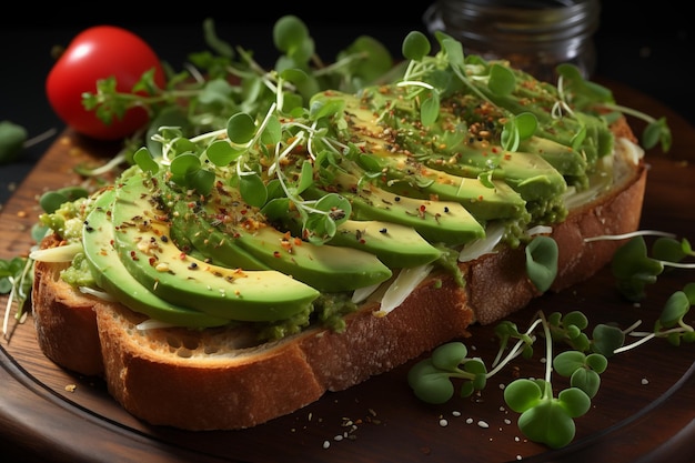 Torrada com abacate e microgreens em uma tábua de madeira escura