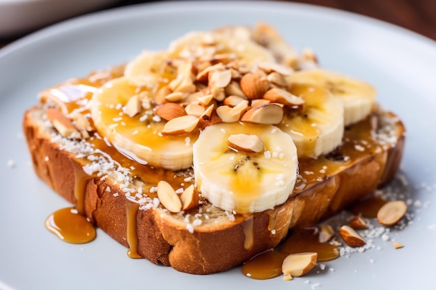 torrada com manteiga de amendoim e banana em fatias em cima coberta com sementes de chia mel e amêndoas em um