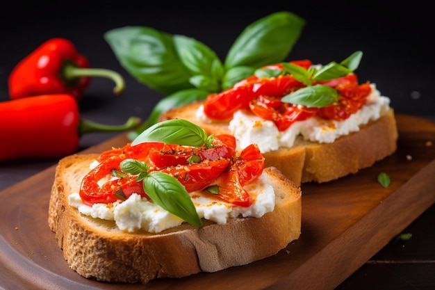 torrada com queijo feta, pimenta vermelha assada e manjericão