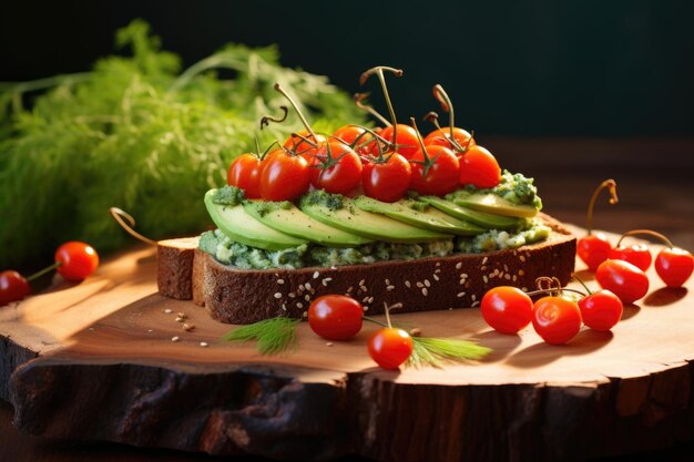 Torrada de abacate com tomate cereja na tábua de madeira