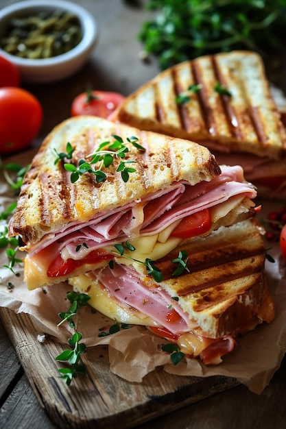 Torrada grelhada e prensada com queijo de presunto fumado, tomate e alface servida em uma tábua de corte de madeira