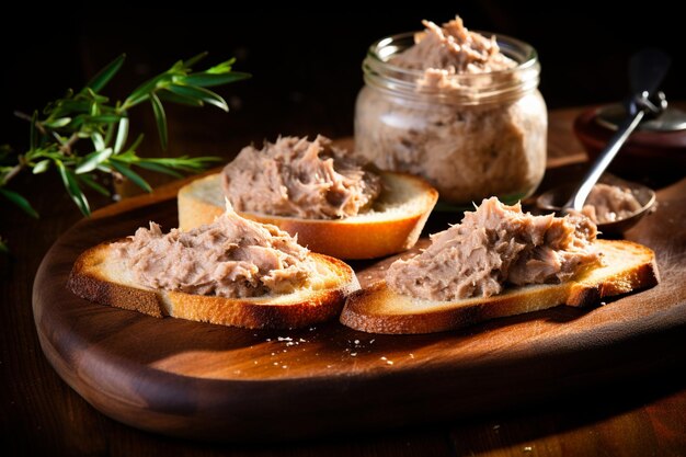 Foto torradas com paté de pato rillettes de canard em tábua de madeira