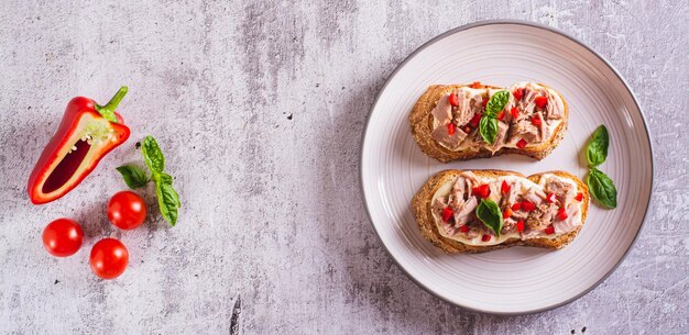 Torradas com queijo creme de atum enlatado, pimentas e ervas em um banner da web de vista superior do prato