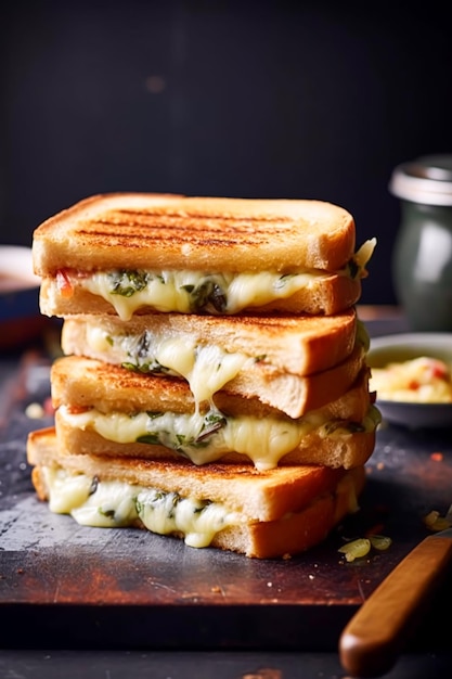 Torradas de queijo, sanduíches quentes caseiros, comida e ideia de receita fácil, IA generativa pós-processada