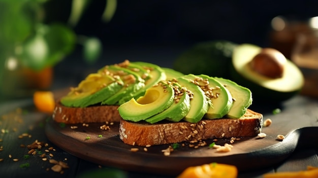 Torradas saudáveis de abacate com pão de centeio e gergelim para pequeno-almoço ou almoço ai generative