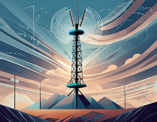 torre de antena como estación base telefónica con ondas de radio en el fondo del cielo concepto de ilustración con policía