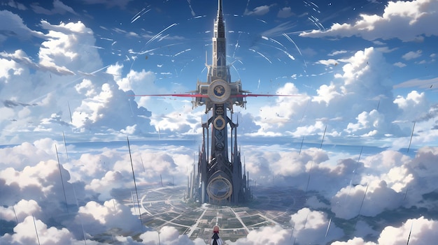 Torre Antiga Fantasia Mundo Anime Cidade Nuvens Céu