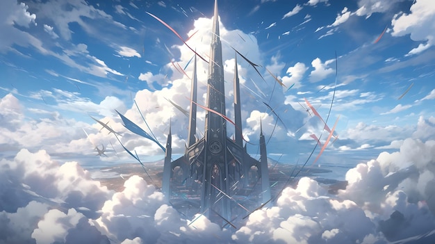 Torre Antiga Fantasia Mundo Anime Cidade Nuvens Céu