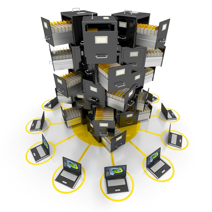 Foto una torre de archivadores conectados a una red informática