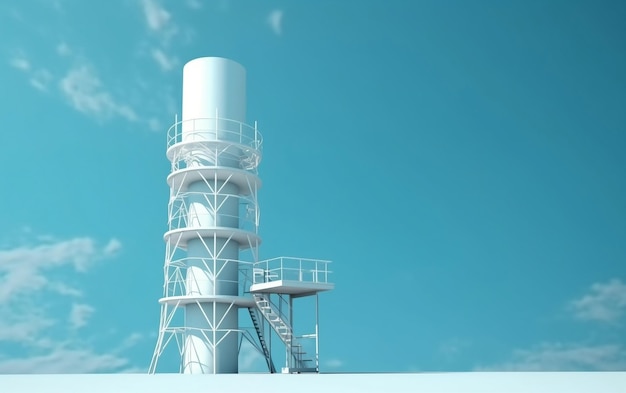 Una torre blanca con un cielo azul de fondo.