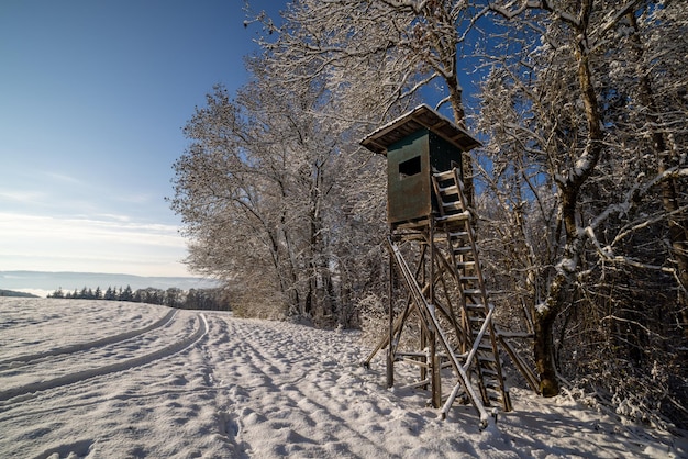 Torre de caza al borde del bosque de invierno