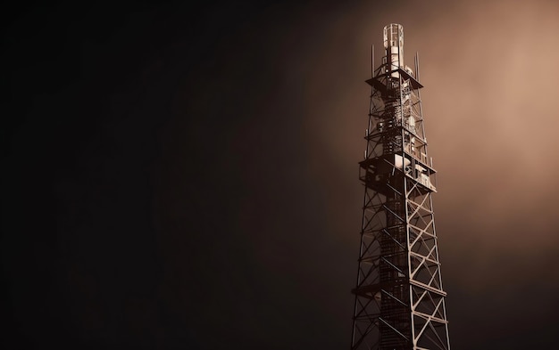 Una torre celular con un fondo oscuro y una luz sobre ella.