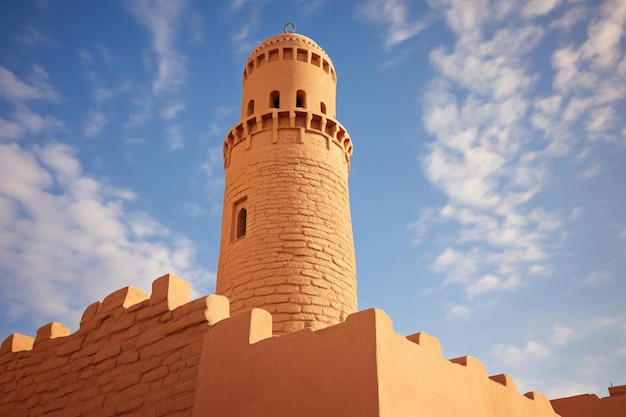 Foto una torre con un cielo azul y nubes en el fondo