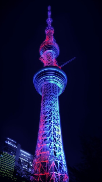 Foto la torre del cielo por la noche está iluminada con luces de colores.