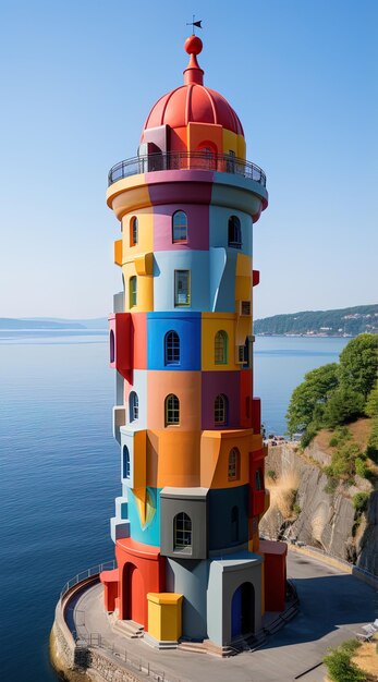 una torre colorida con una casa en la parte superior