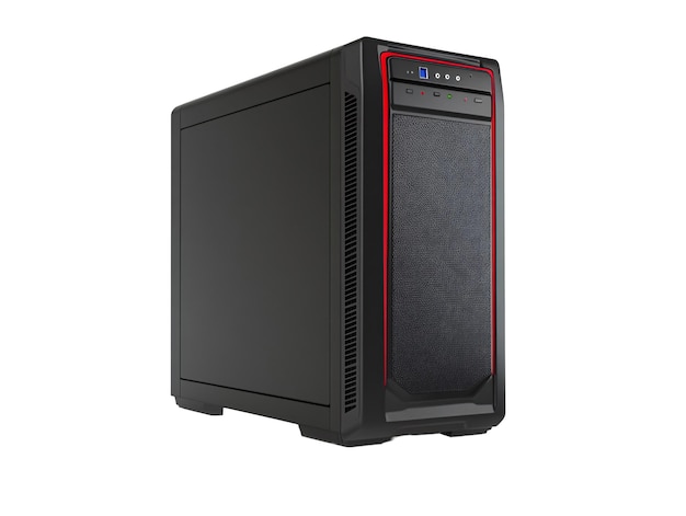 una torre de computadora negra con un borde rojo