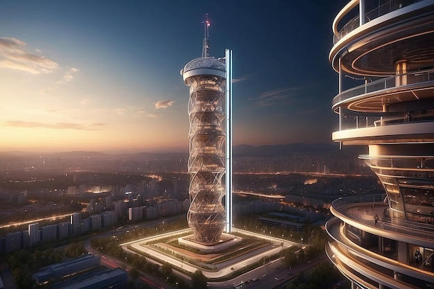 Torre de comunicación 5G para internet inalámbrico de alta velocidad Tecnología de red móvil en el concepto de vida de la ciudad